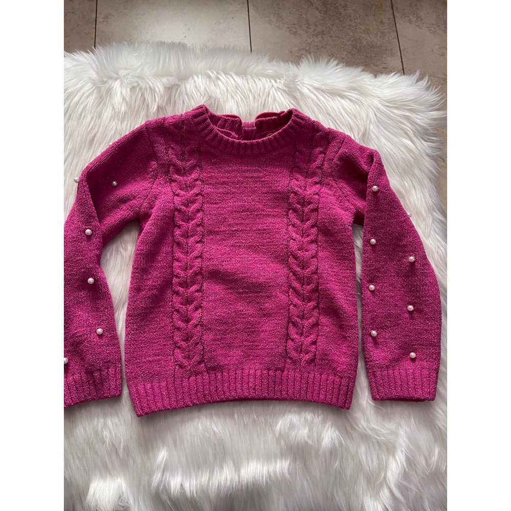 Kids Girls between Magenta Pink Cable Kit Pullover Sweater Faux Pearls Size 6